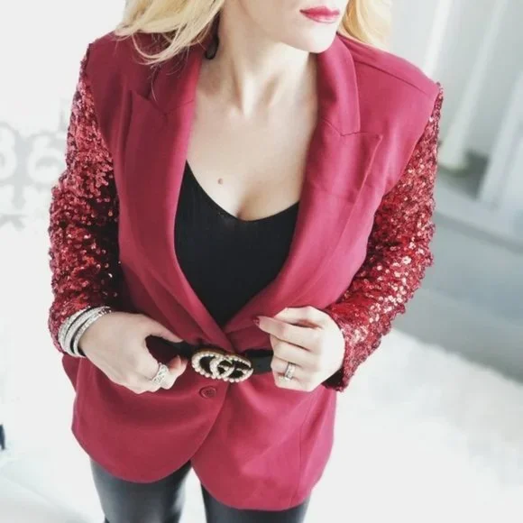 BURGUNDY Sequin Sleeved Blazer Jacket Office Chic - Picture 1 of 3